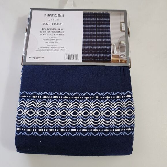 Soho‎ Home Dark Blue Shower Curtain Embroidered Stripes 72x72in - Picture 8 of 11